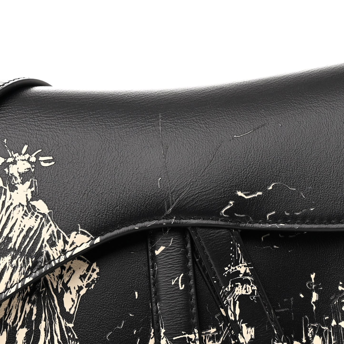 Calfskin New York Printed Saddle Bag With Strap Black White