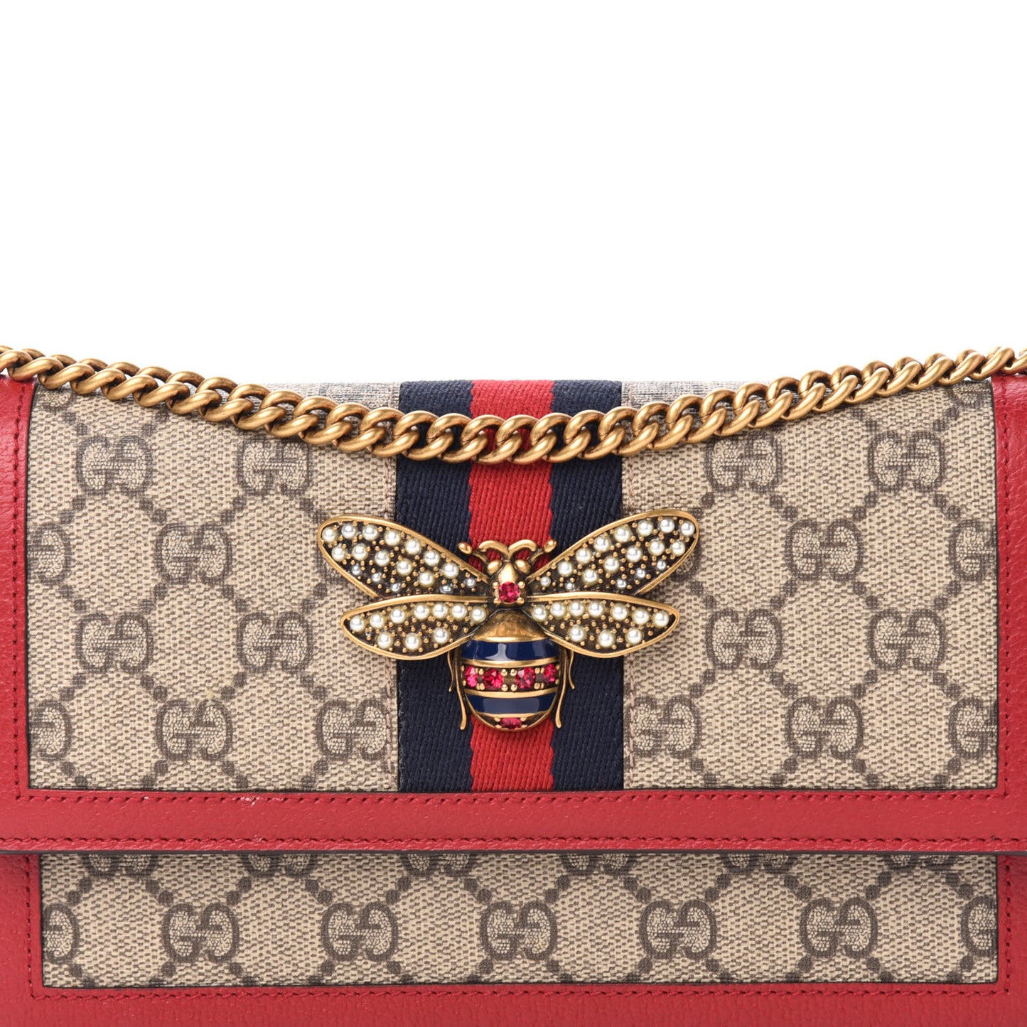 GG Supreme Monogram Web Queen Margaret Chain Wallet Red