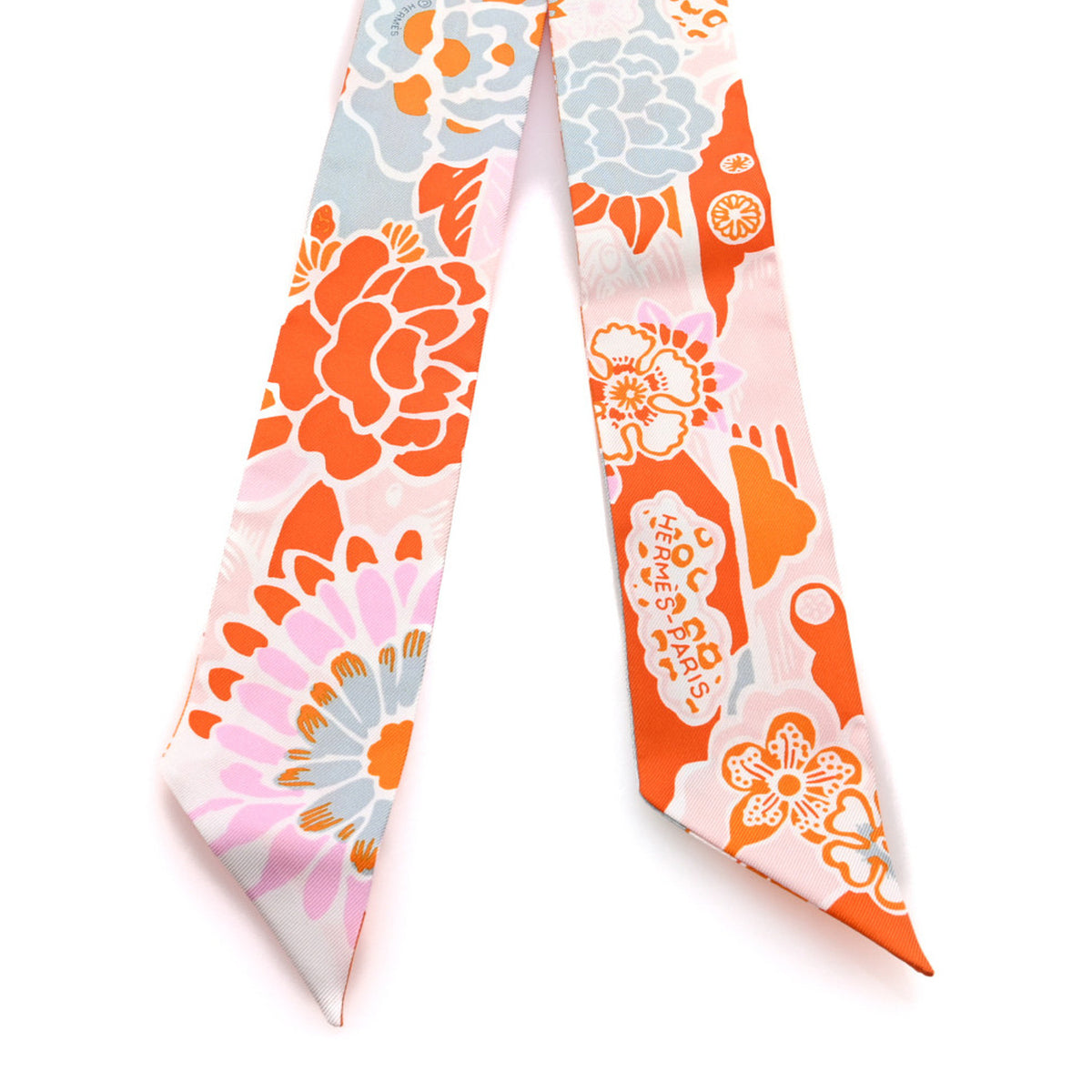 Hermes Silk Bingata Twilly Orange Rose Gris 2 of 3