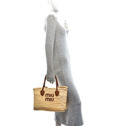 Miu Miu Raffia Braided Handle Tote Beige Cognac 2 of 9