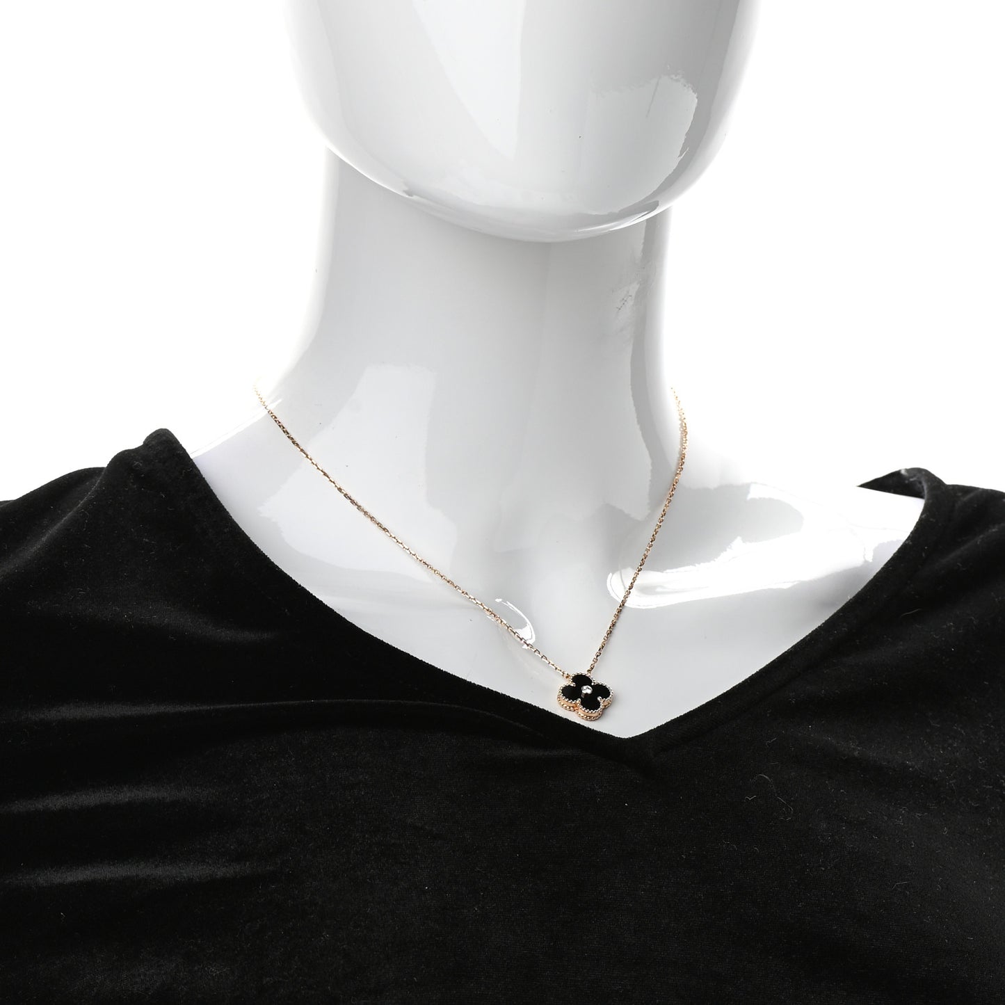 18K Rose Gold Diamond Black Onyx Vintage Alhambra Pendant Necklace
