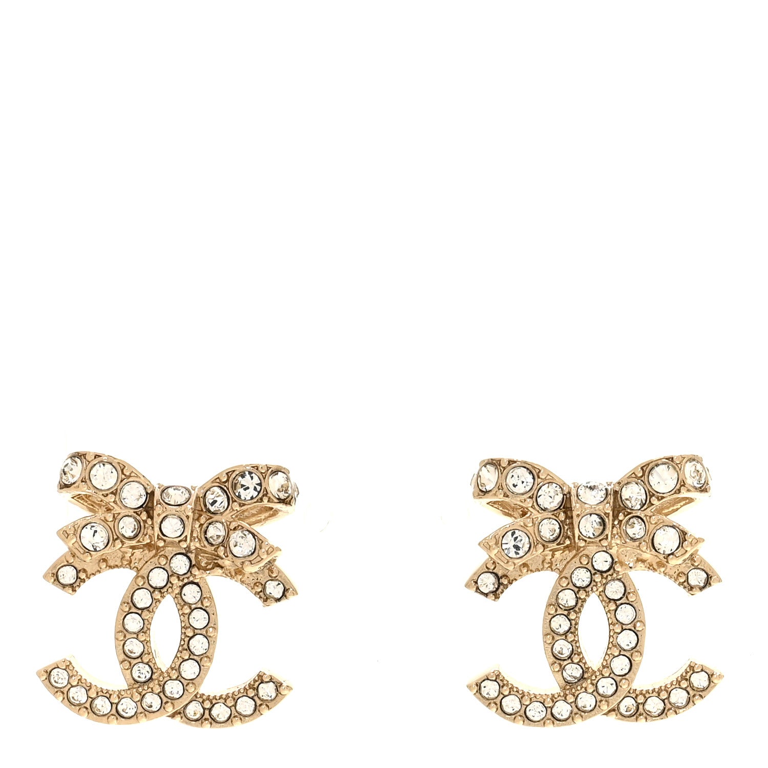 Chanel Crystal CC Bow Dangle Earrings Gold 1 of 5