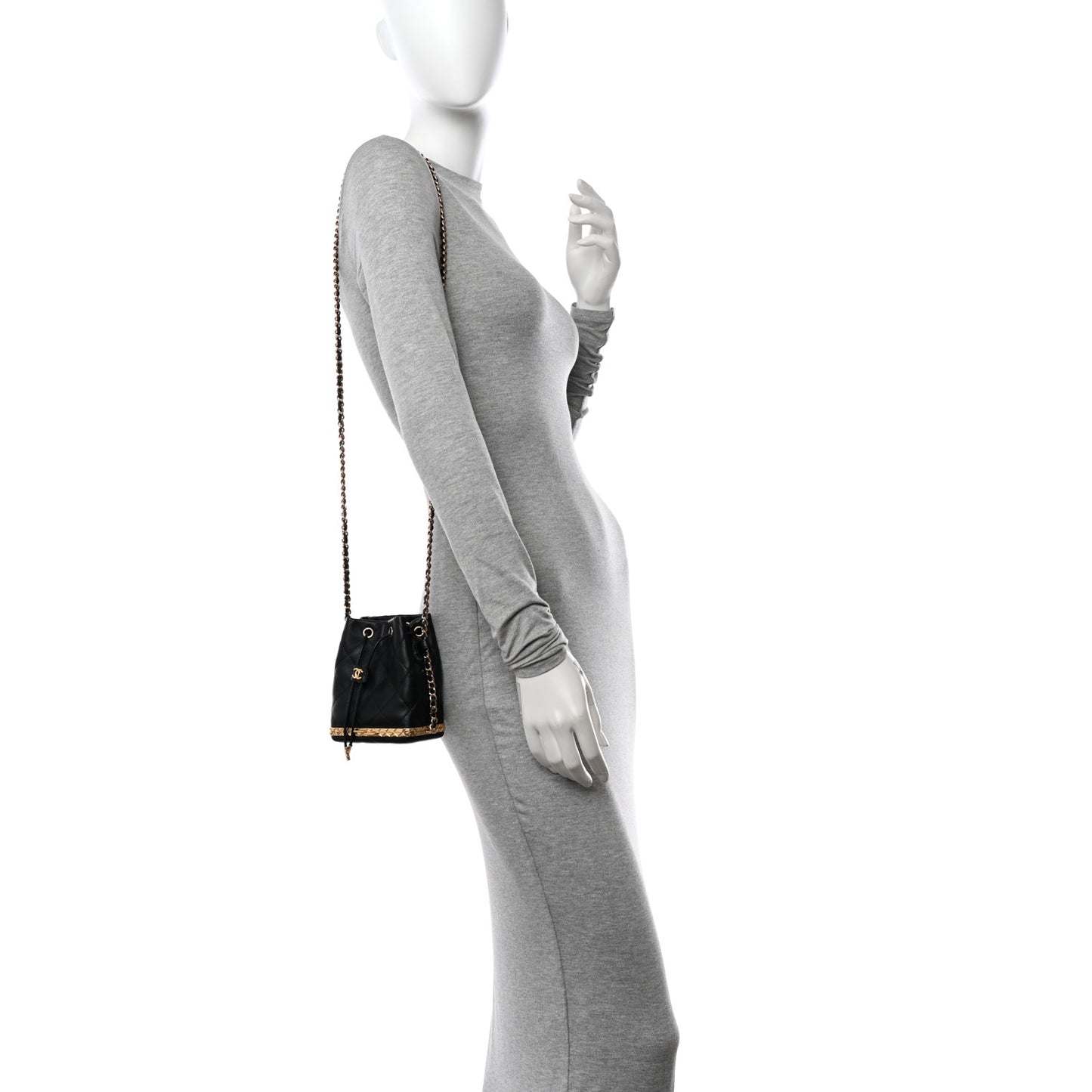 Metal Lambskin Quilted Small Chain Bucket Bag Black