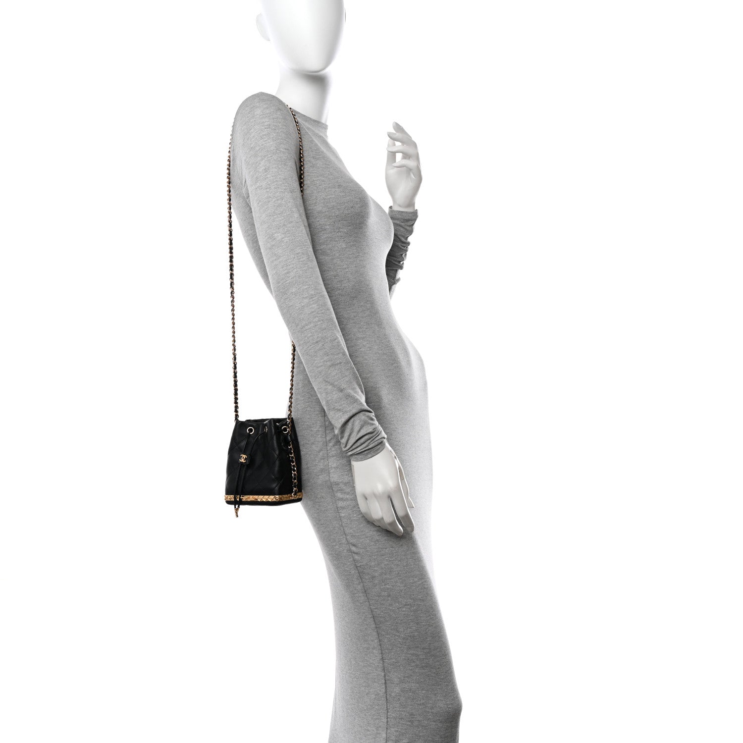 Chanel Metal Lambskin Quilted Small Chain Bucket Bag Black 2 of 12