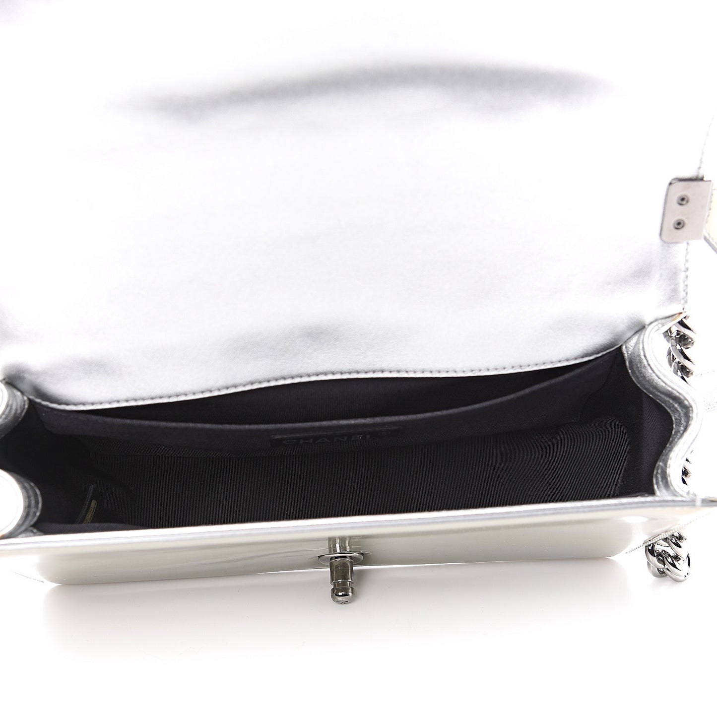 Metallic Patent Calfskin Quilted Medium Boy Flap Silver