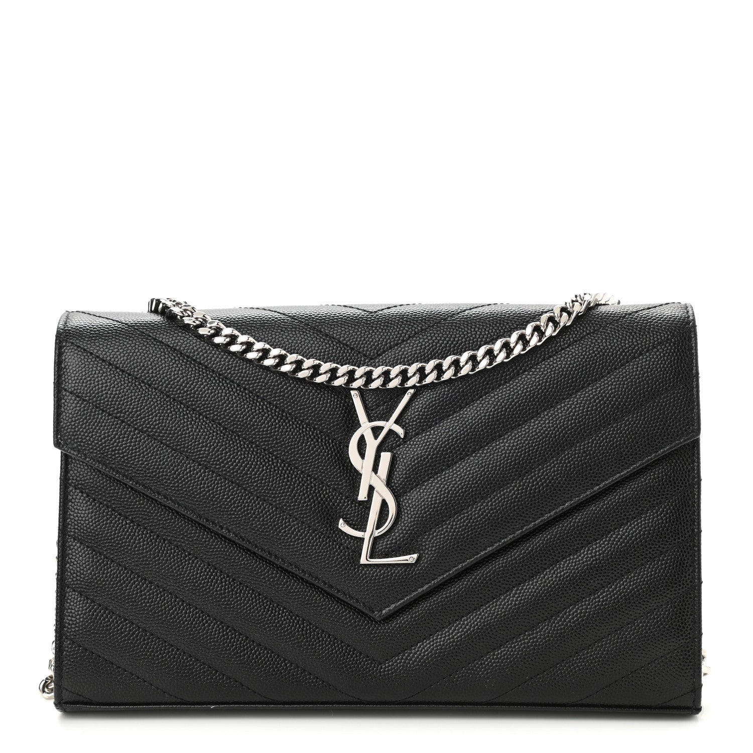 Saint Laurent Grain De Poudre Matelasse Chevron Monogram Chain Wallet Black 1 of 9