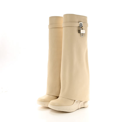 Givenchy Grained Calfskin Shark Lock Biker Knee Boots 40 Beige 3 of 8