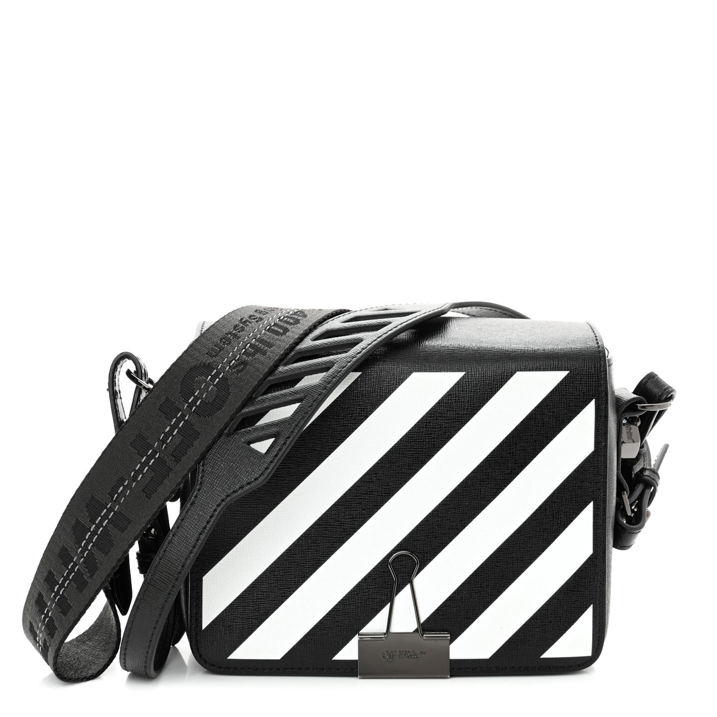 Saffiano Striped Mini Diag Binder Clip Bag Black White
