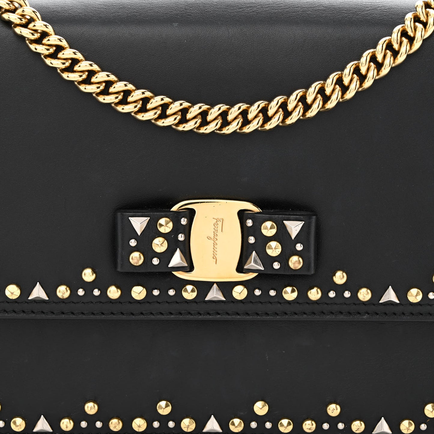 Calfskin Studded Vara Bow Bag Black
