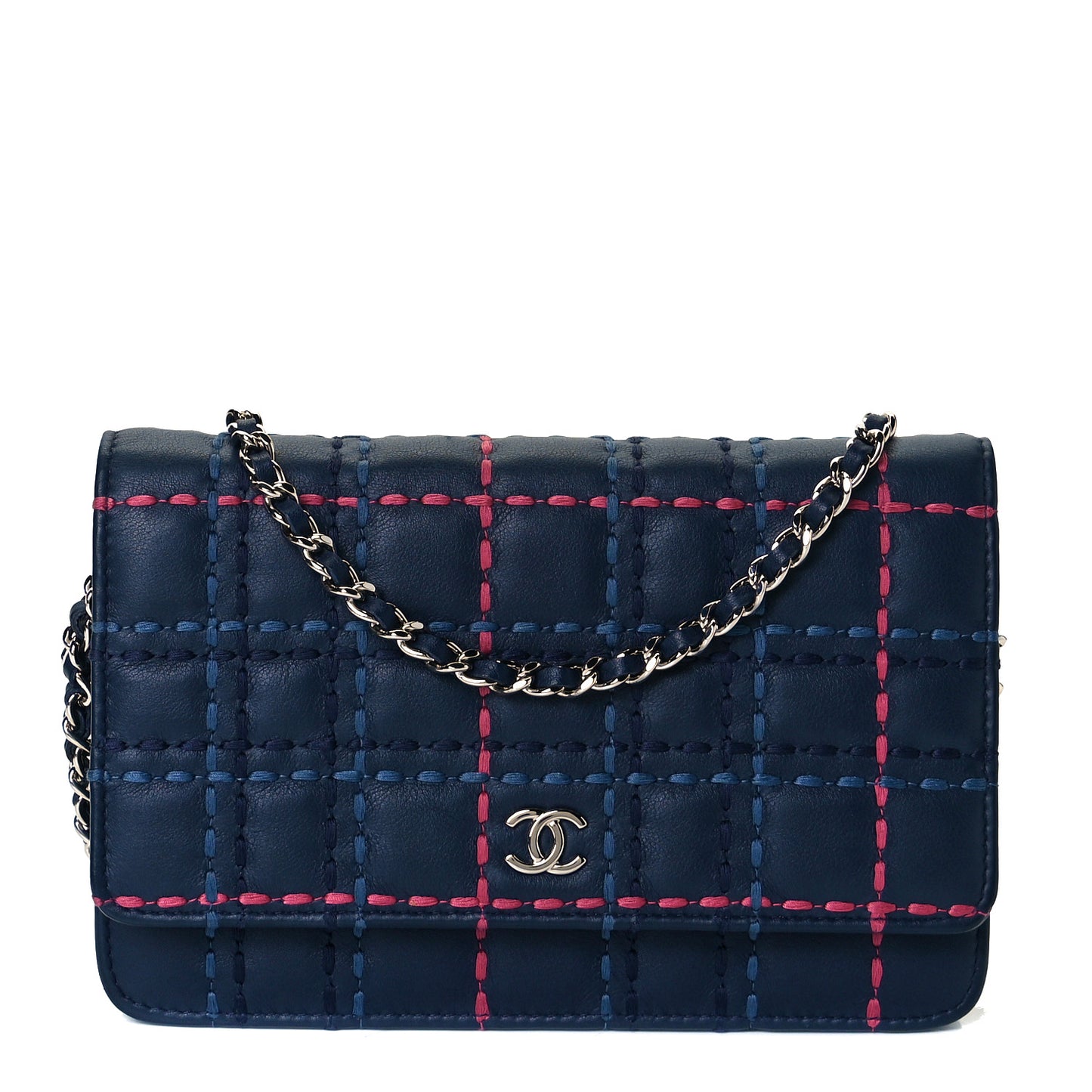 Calfskin Square Stitched Wallet On Chain WOC Blue