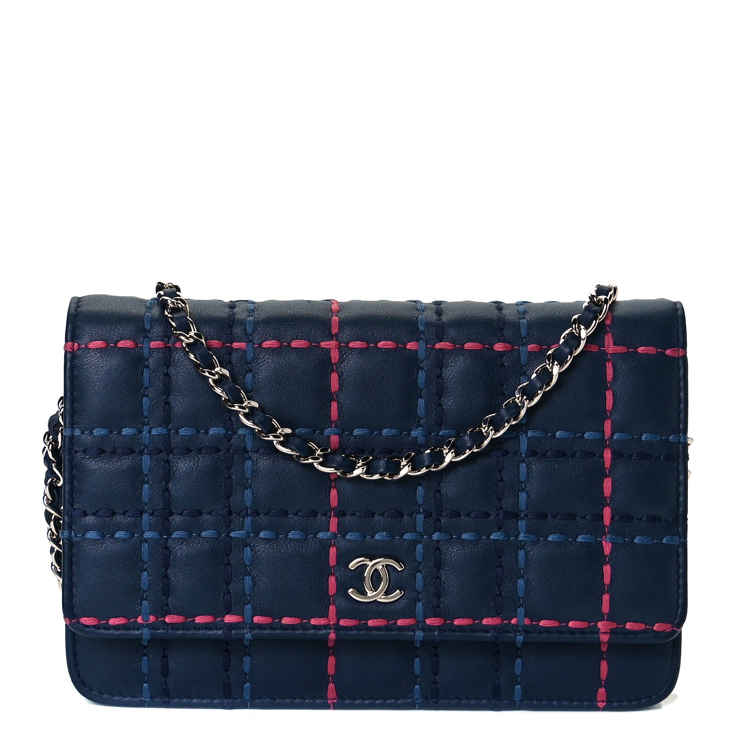 Chanel Calfskin Square Stitched Wallet On Chain WOC Blue 1 of 6