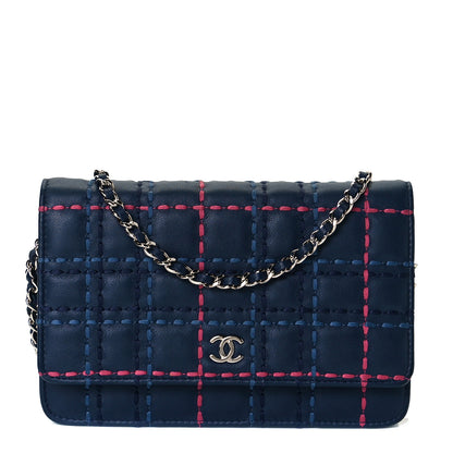 Chanel Calfskin Square Stitched Wallet On Chain WOC Blue 1 of 6