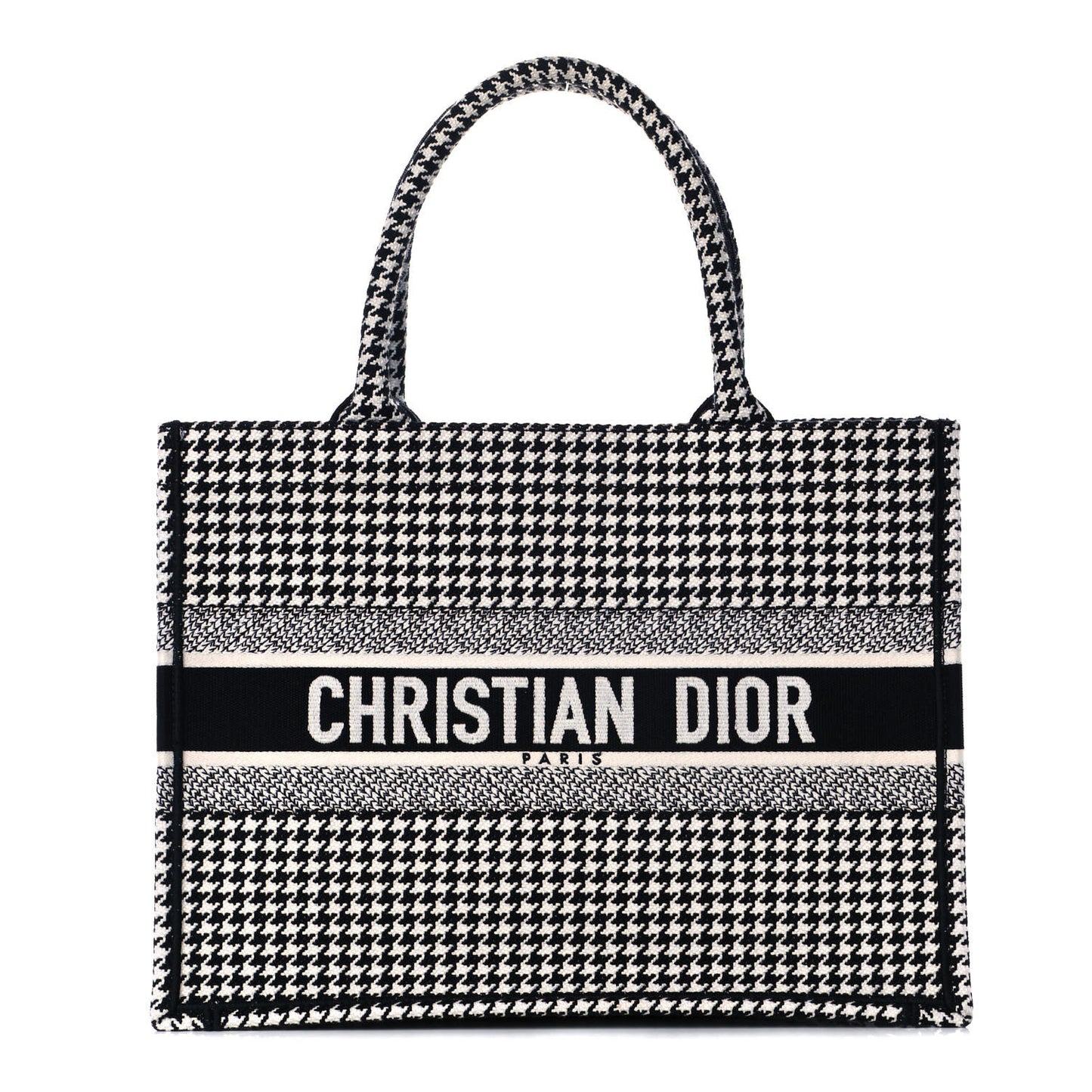 Canvas Houndstooth Embroidered Medium Book Tote Black White