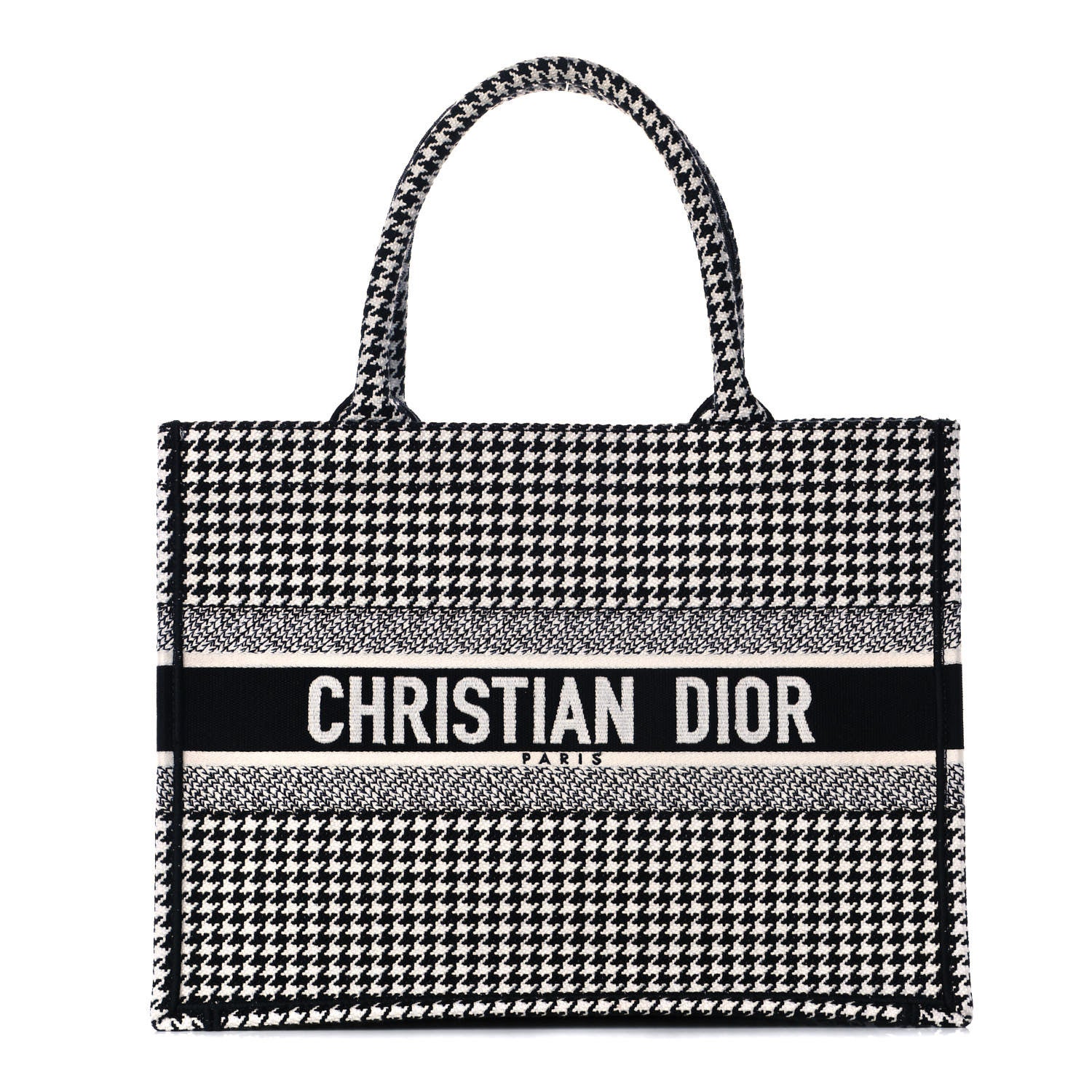 Christian Dior Canvas Houndstooth Embroidered Medium Book Tote Black White 1 of 11