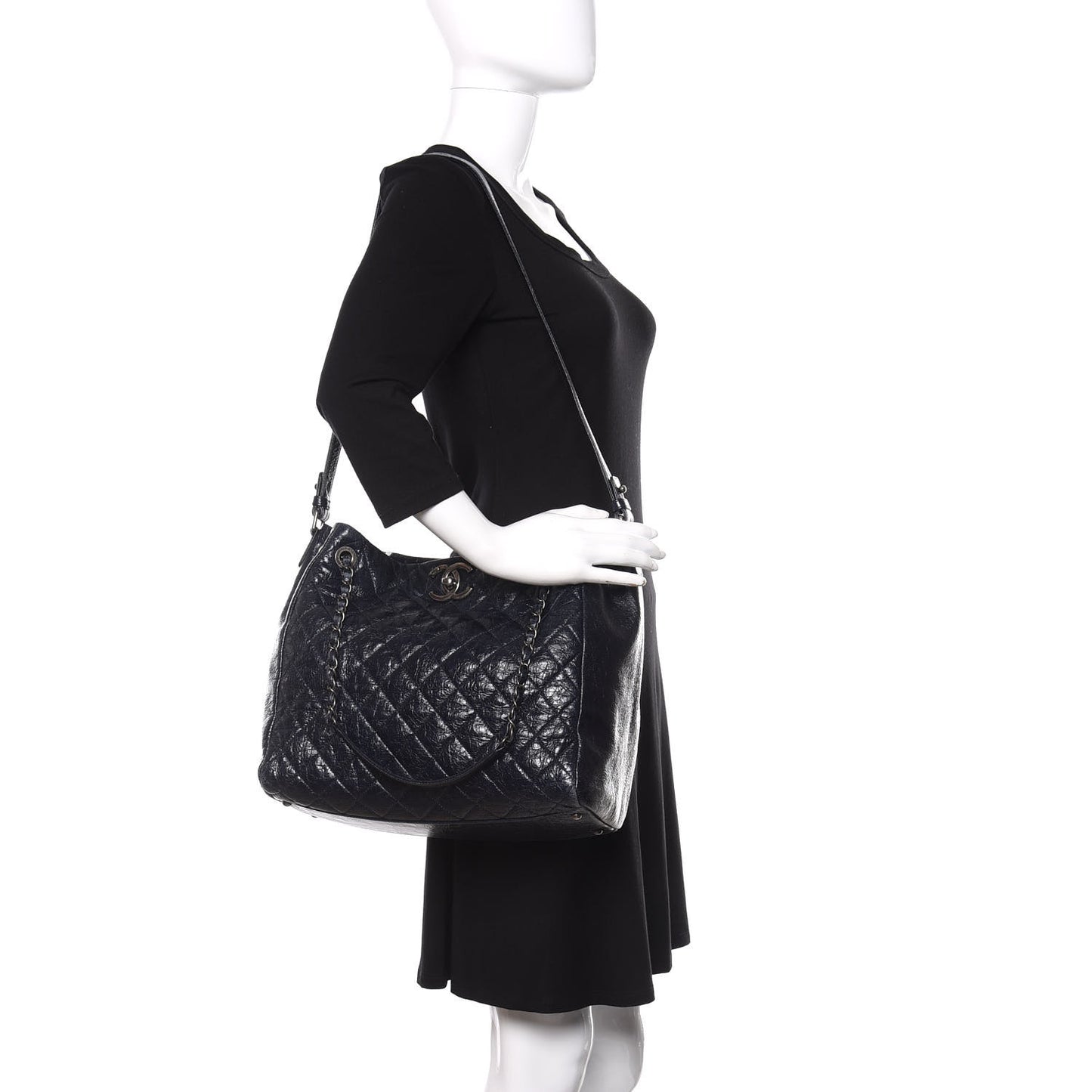 Glazed Calfskin Quilted Large Tote Black