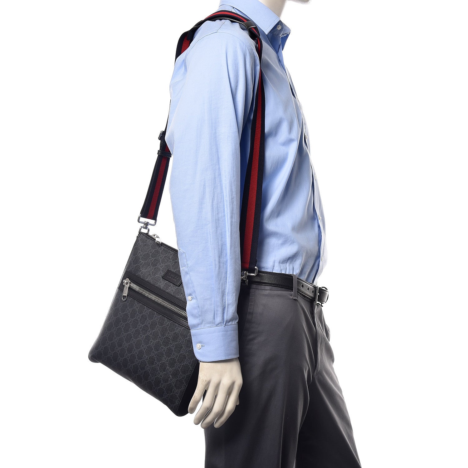 Gucci GG Supreme Monogram Appia Calfskin Web Flat Messenger Bag Black Grey 2 of 9