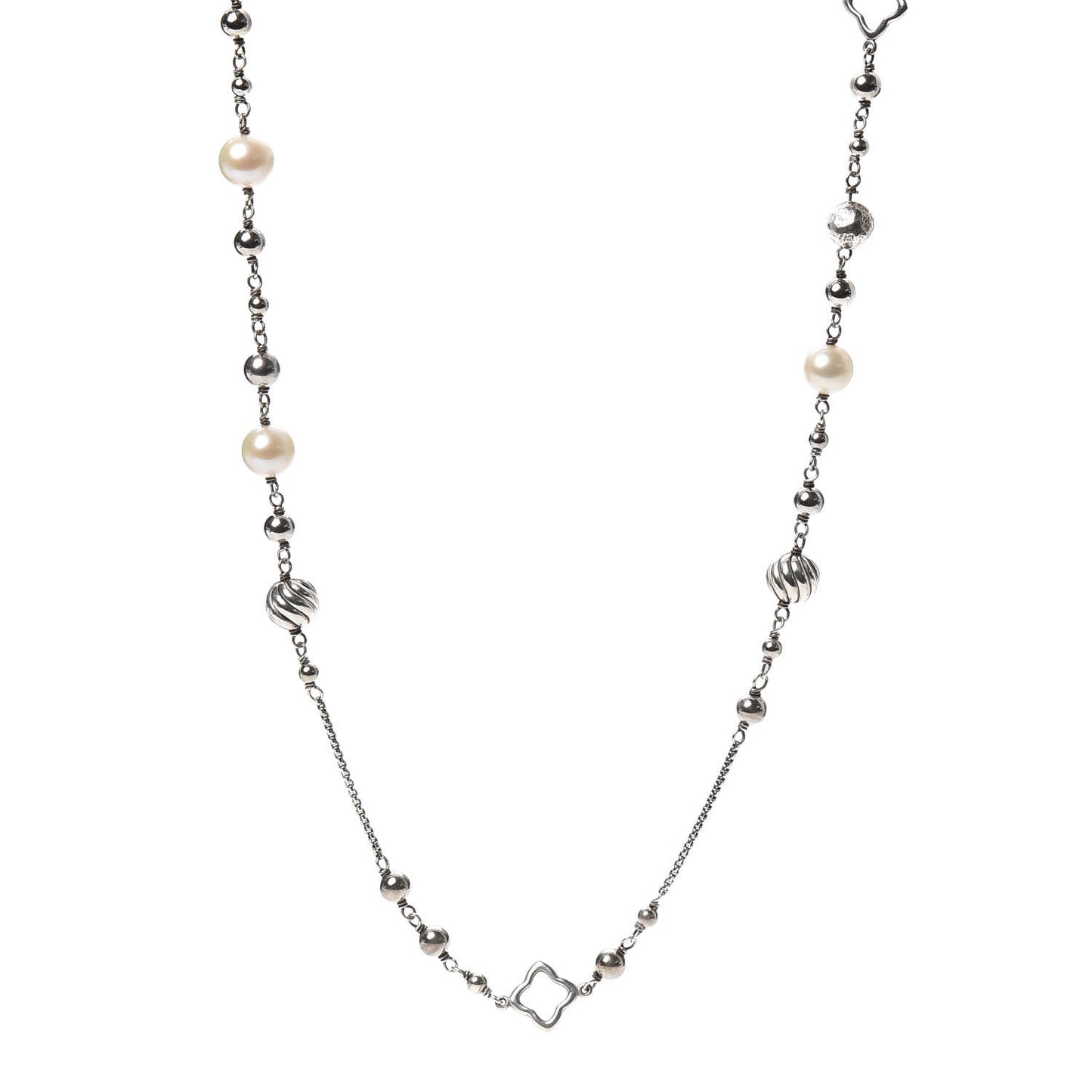 Sterling Silver Pearl Quatrefoil Bead Long Chain Necklace