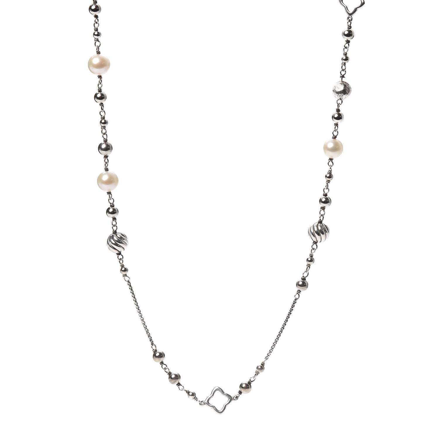 David Yurman Sterling Silver Pearl Quatrefoil Bead Long Chain Necklace 1 of 5