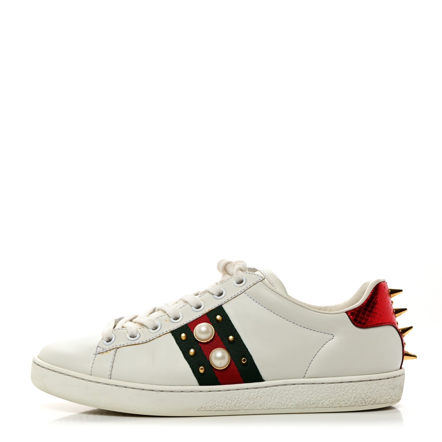 Gucci Calfskin Web Pearl Studded Womens Ace Sneakers 37.5 White 1 of 11