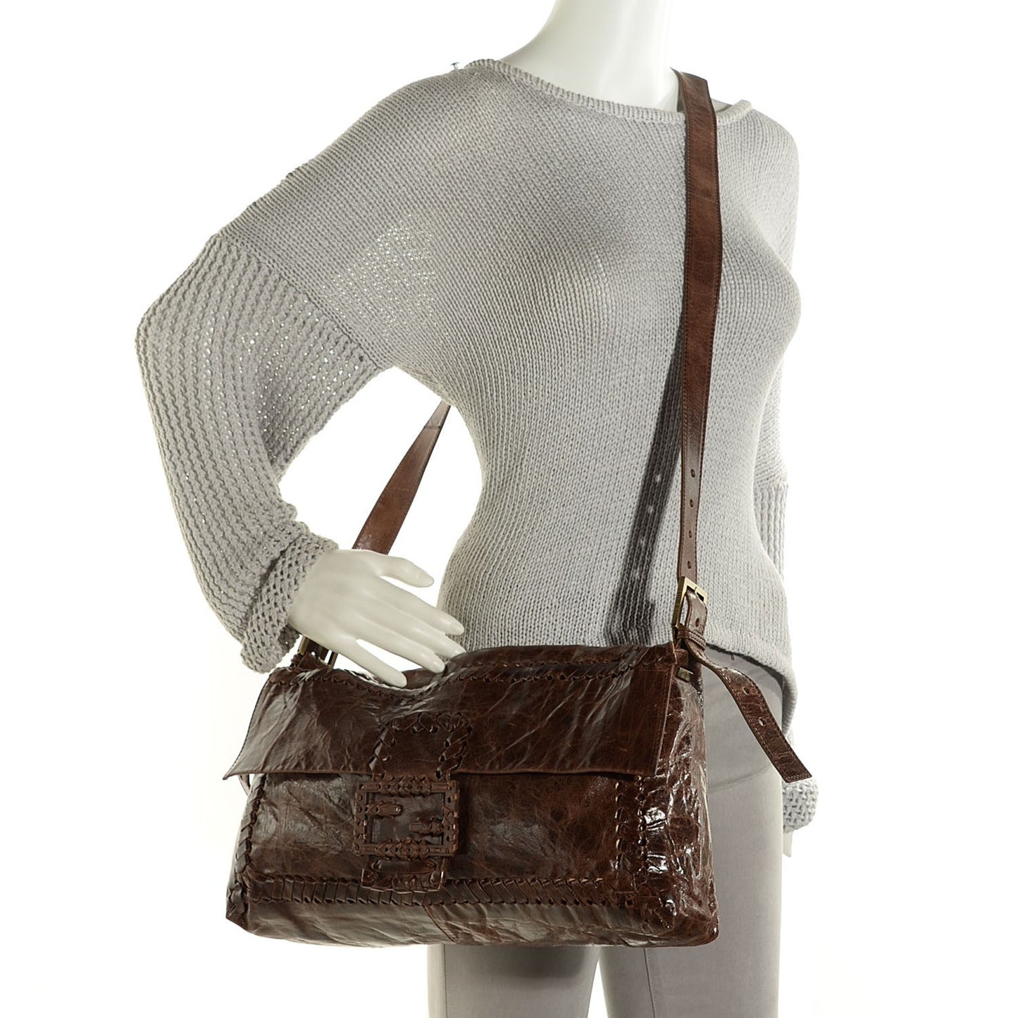 Glazed Calfskin Maxi Whipstitch Baguette Marrone