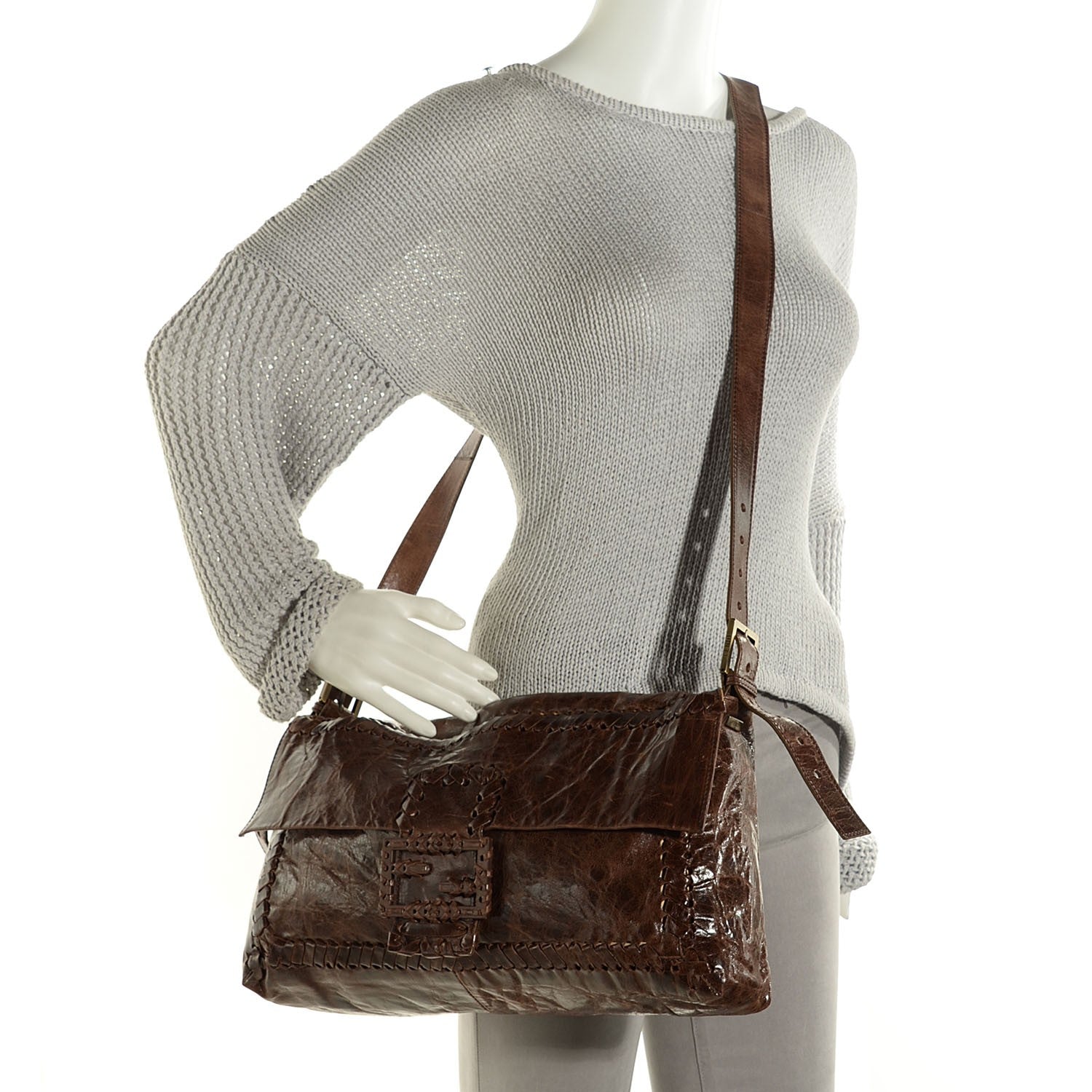 Fendi Glazed Calfskin Maxi Whipstitch Baguette Marrone 2 of 7