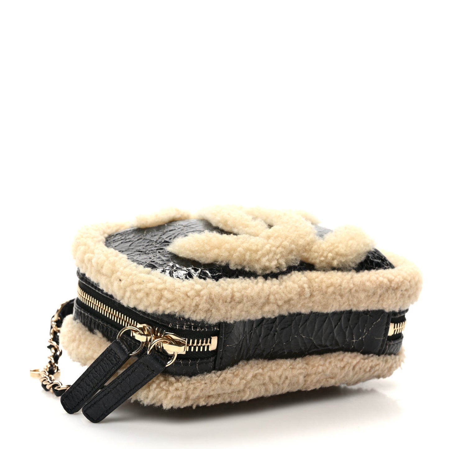 Shiny Crumpled Sheepskin Shearling Waist Bag Black Beige