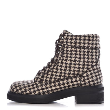 Chanel Tweed Lace Up Short Boots 37 Brown Beige 1 of 8