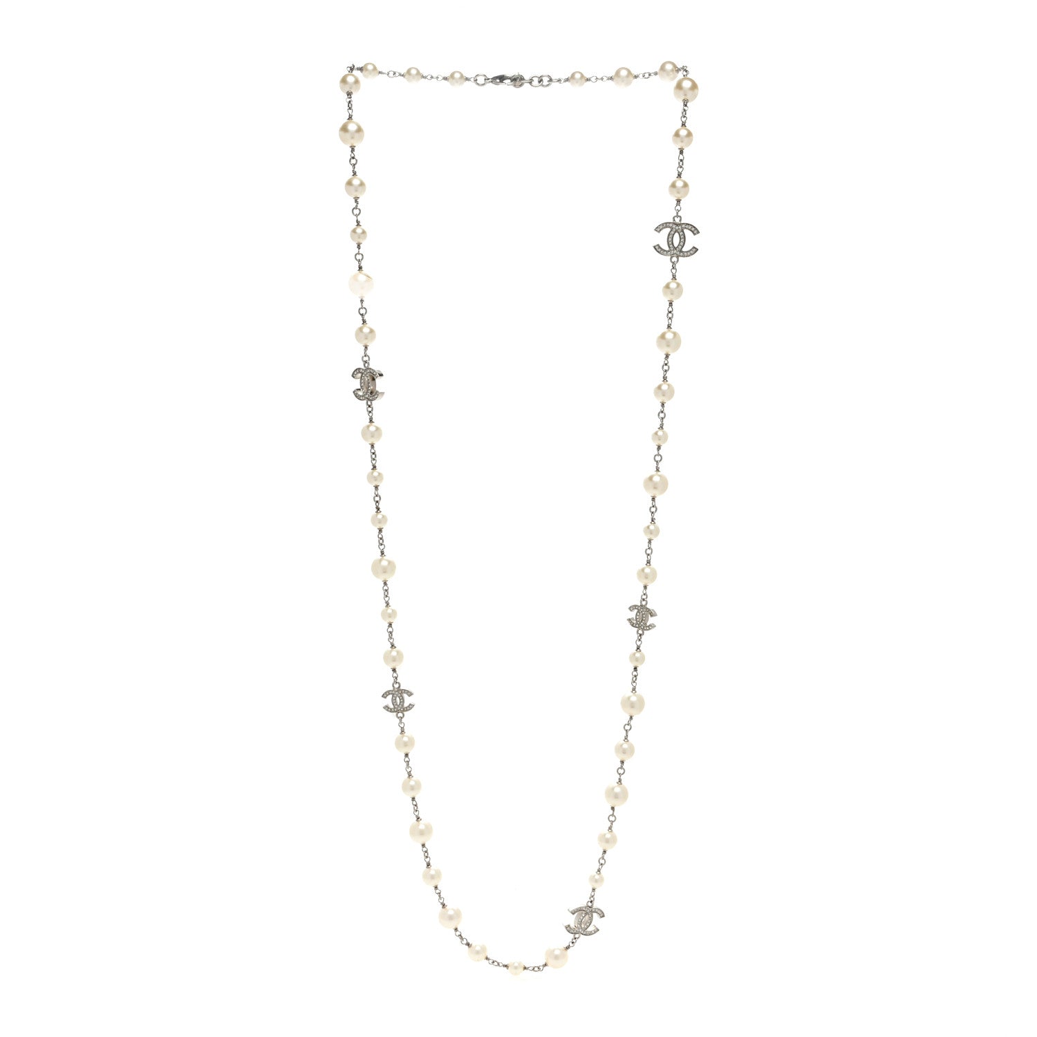 Chanel Crystal Pearl CC Long Necklace Silver 2 of 3