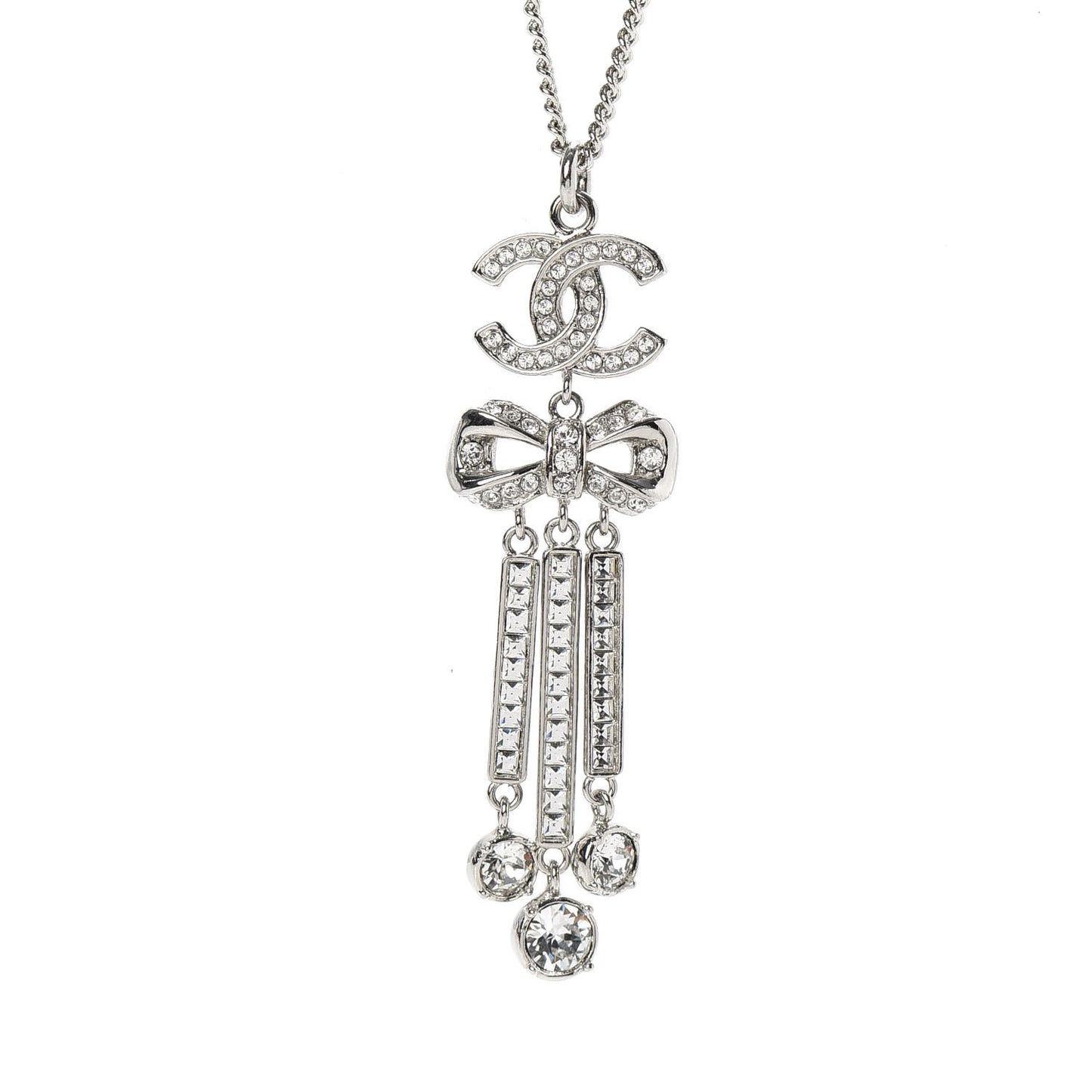Crystal CC Bow Drop Necklace Silver