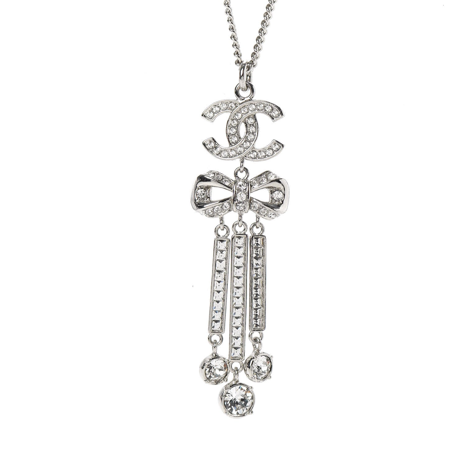 Chanel Crystal CC Bow Drop Necklace Silver 4 of 6