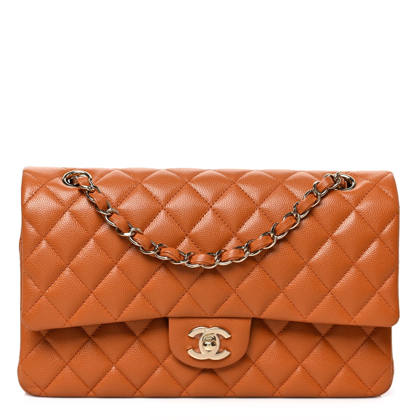 Caviar Quilted Medium Double Flap Light Brown