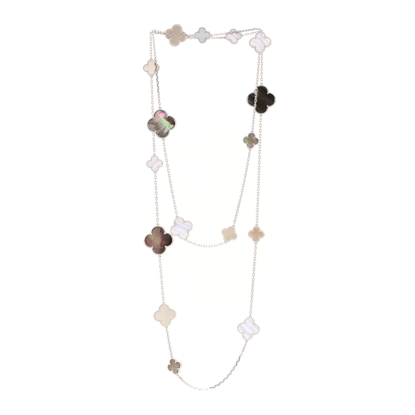 18K White Gold Mother of Pearl Chalcedony 16 Motifs Magic Alhambra Necklace