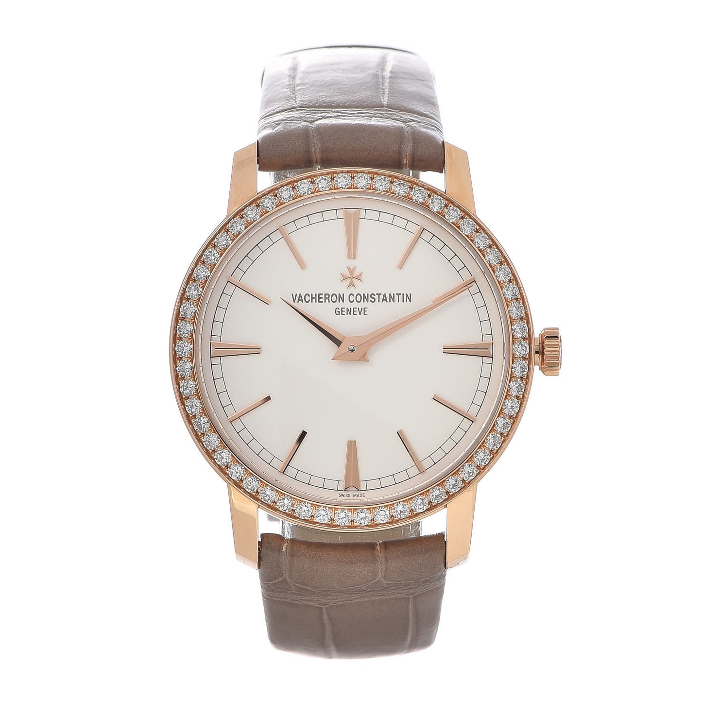 18K Pink Gold Alligator Diamond Bezel 33mm Patrimony Traditionnelle Manual Winding Watch 81590