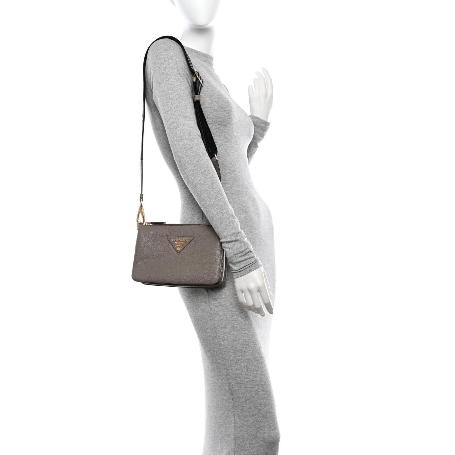 Prada Vitello Daino Soft Mini Zippered Shoulder Bag Clay Grey 2 of 13
