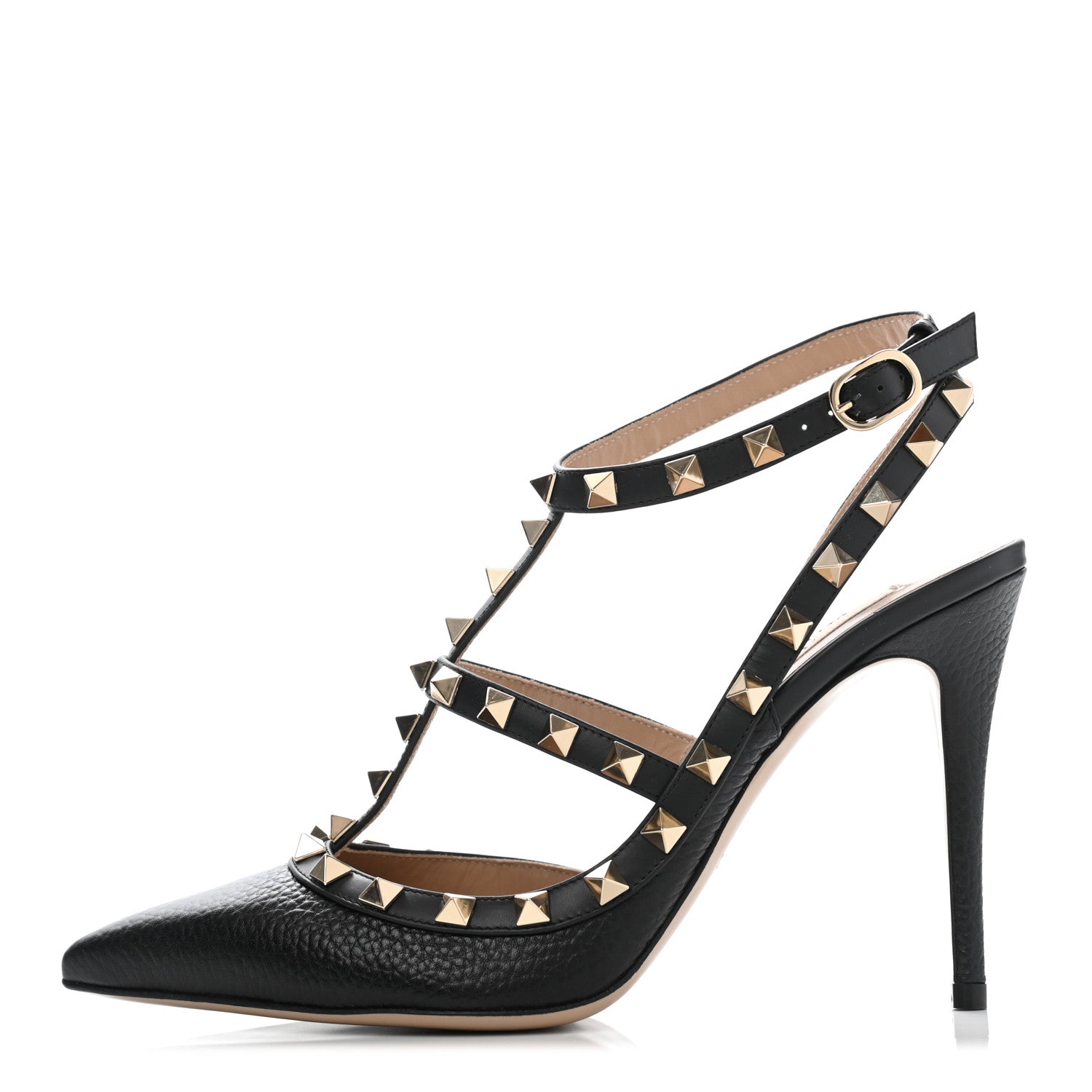 Valentino Garavani Pebbled Calfskin Rockstud Ankle Strap Pumps 37.5 Black 1 of 7