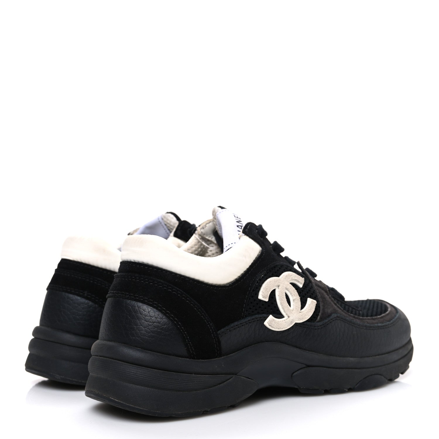 Chanel Mesh Suede Grained Calfskin Womens CC Sneakers 37.5 Black White 5 of 10