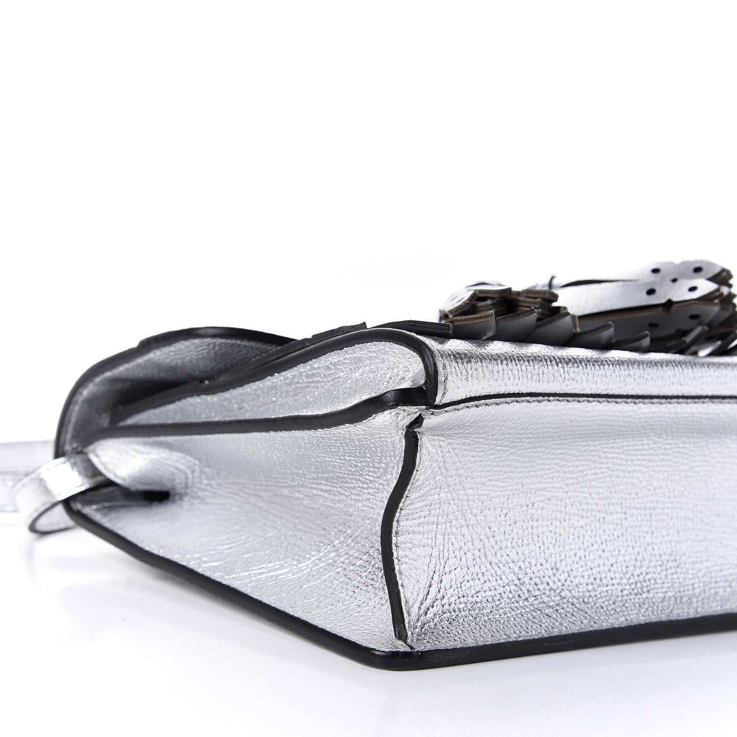Metallic Grainy Calfskin Broguing Tassel Small Macken Crossbody Bag Silver