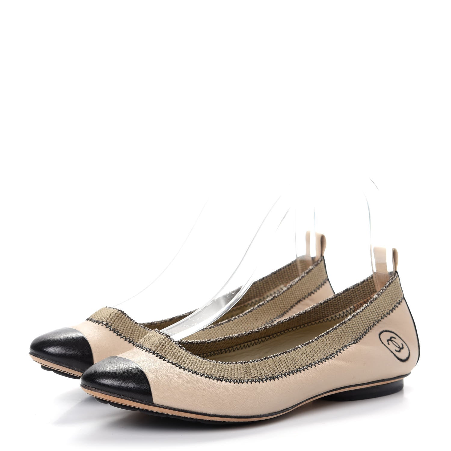 Chanel Lambskin CC Elastic Cap Toe Ballerina Flats 37.5 Beige Black 3 of 10