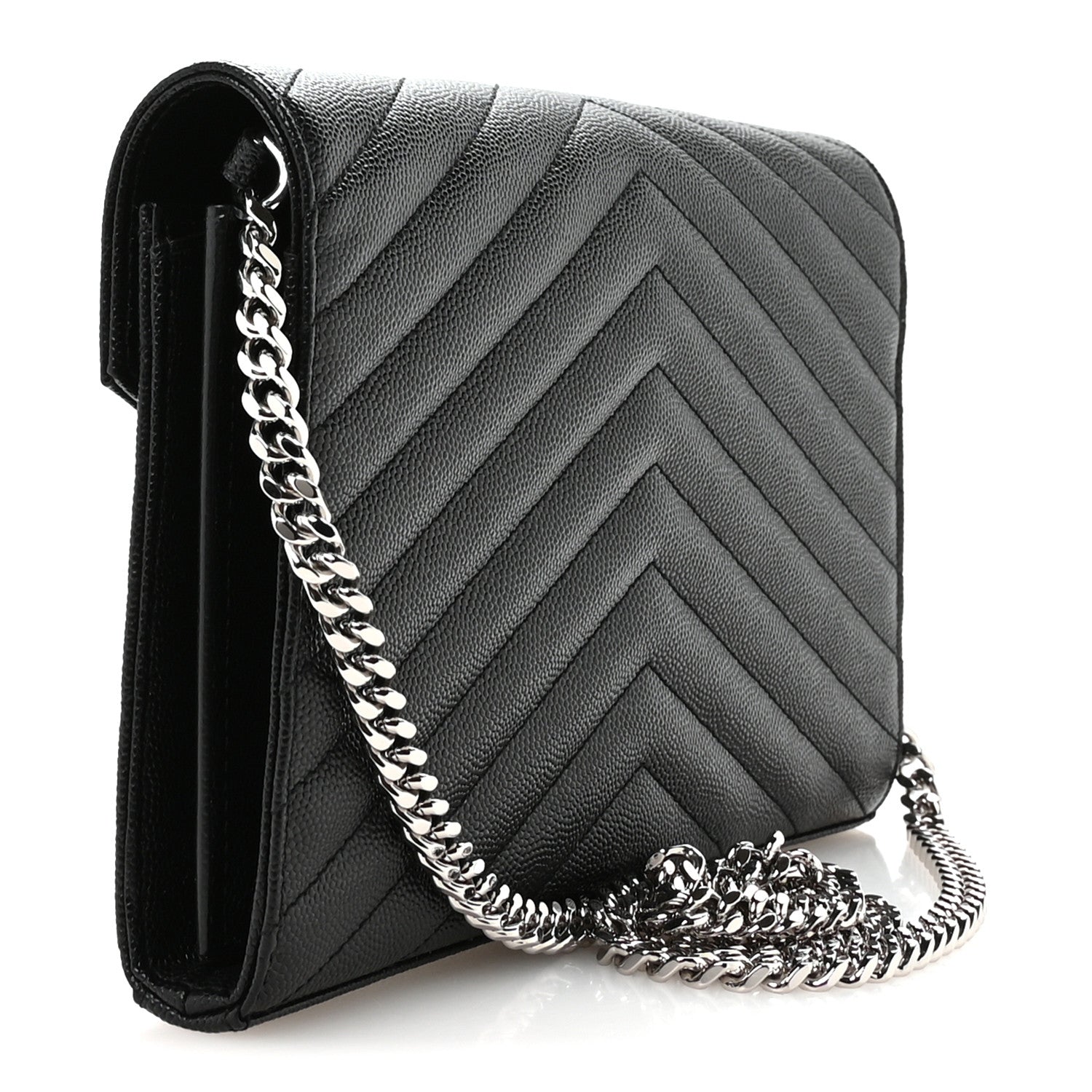 Saint Laurent Grain De Poudre Matelasse Chevron Monogram Chain Wallet Black 5 of 19