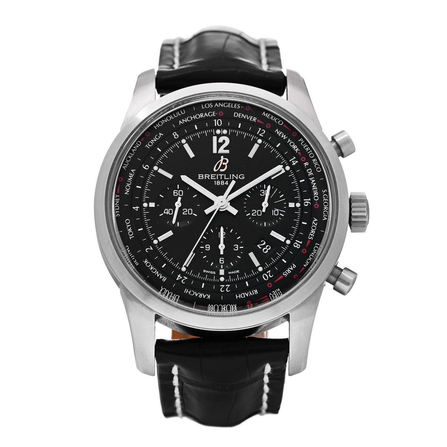 Stainless Steel Alligator 46mm Transocean Unitime Pilot Chronograph Automatic Watch Black AB0510U9/C879