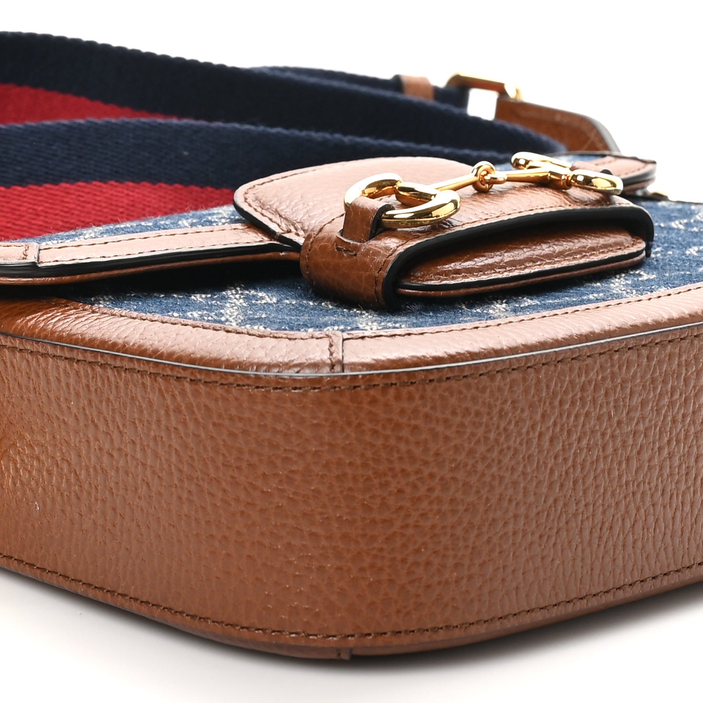 New Denim GG Monogram Dollar Calfskin Web Mini Horsebit 1955 Shoulder Bag Blue Tea Cuir Epilog
