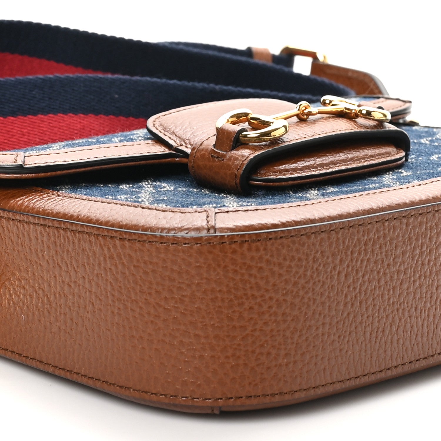 Gucci New Denim GG Monogram Dollar Calfskin Web Mini Horsebit 1955 Shoulder Bag Blue Tea Cuir Epilog 8 of 10