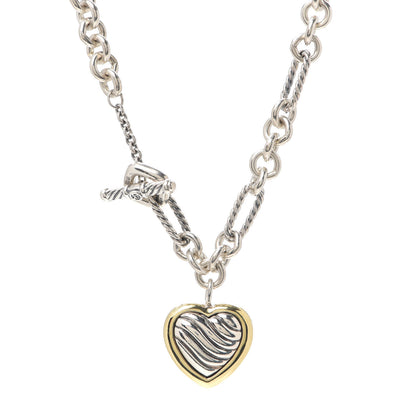 David Yurman Sterling Silver 18K Yellow Gold Cable Heart Figaro Necklace 1 of 4