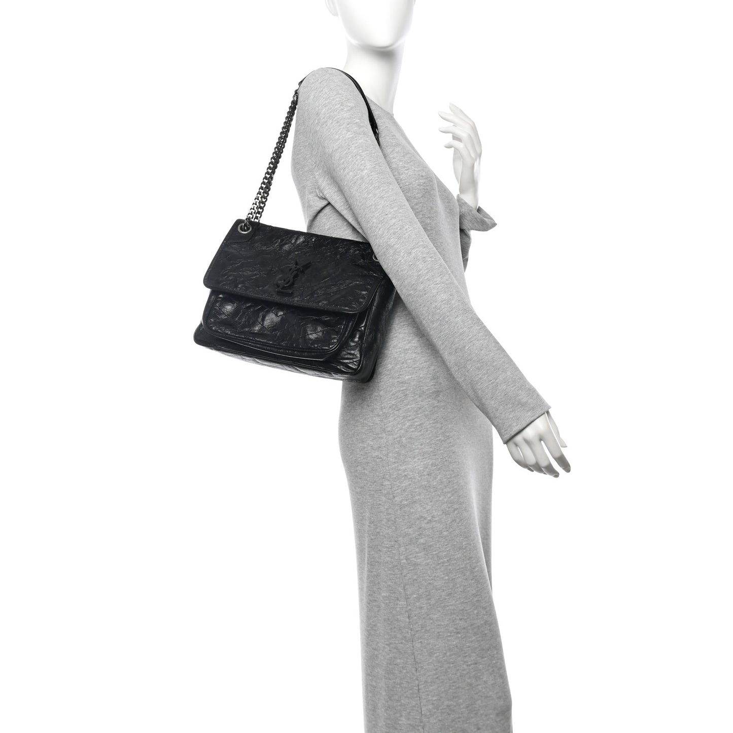 Crinkled Calfskin Matelasse Monogram Medium Niki Chain Satchel Black
