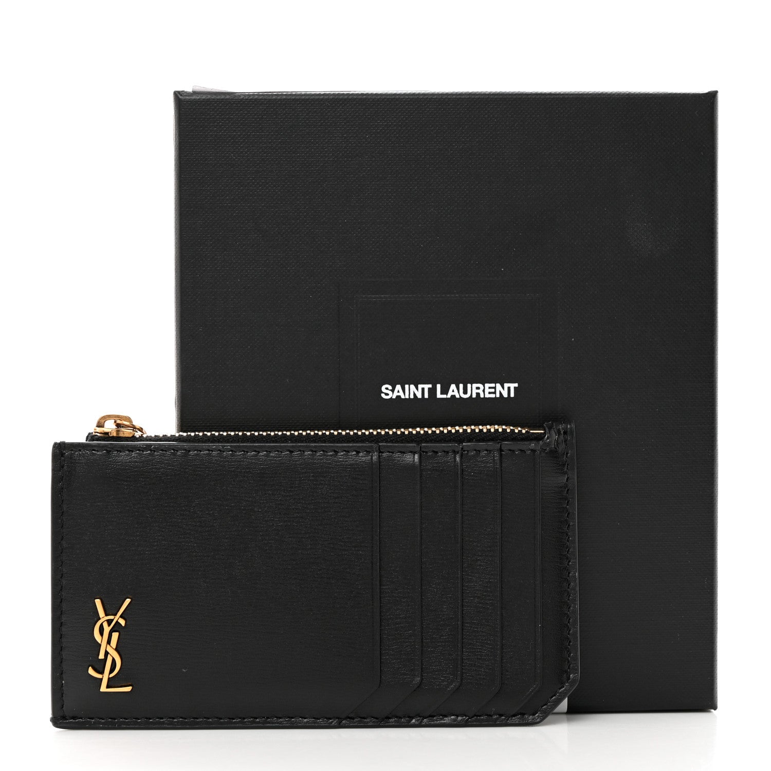 Saint Laurent Grained Calfskin Monogram 5 Fragments Zip Pouch Card Holder Black 7 of 7
