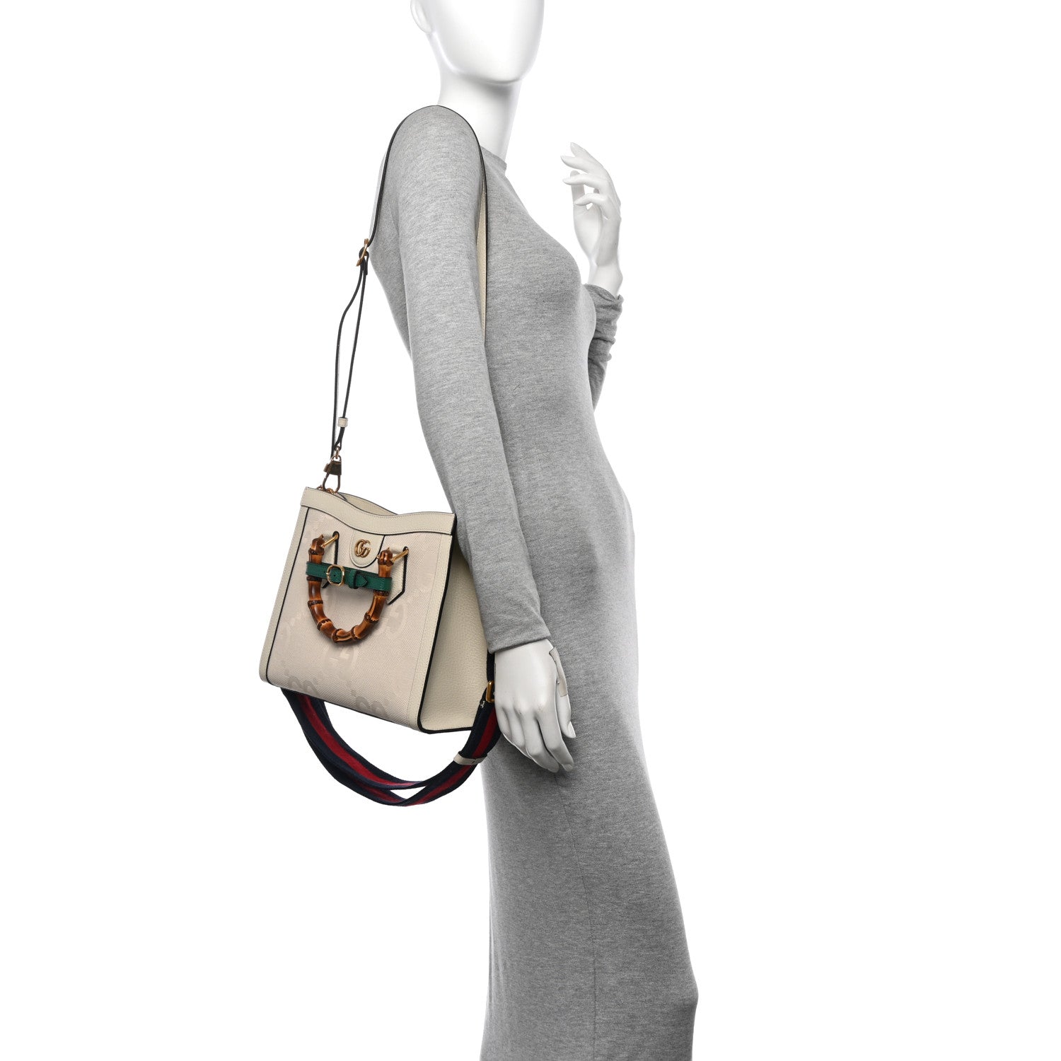 Gucci Monogram Jumbo GG Textured Dollar Calfskin Web Small Diana Tote Bag Mystic White 3 of 11