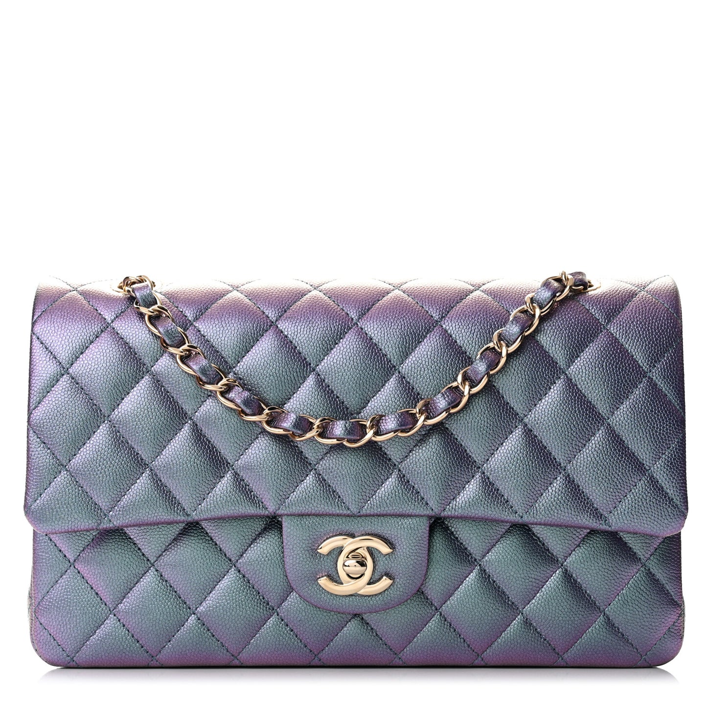 Iridescent Caviar Quilted Medium Double Flap Dark Blue