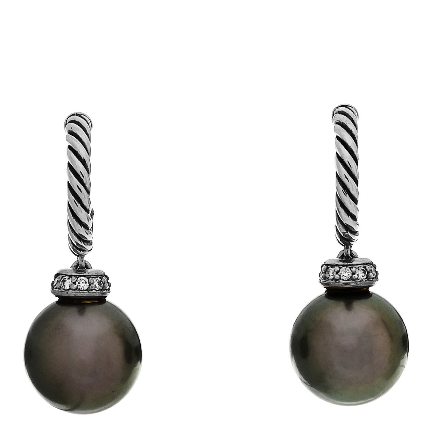 David Yurman Sterling Silver Diamond Tahitian Pearl Solari Cable Drop Earrings 1 of 4