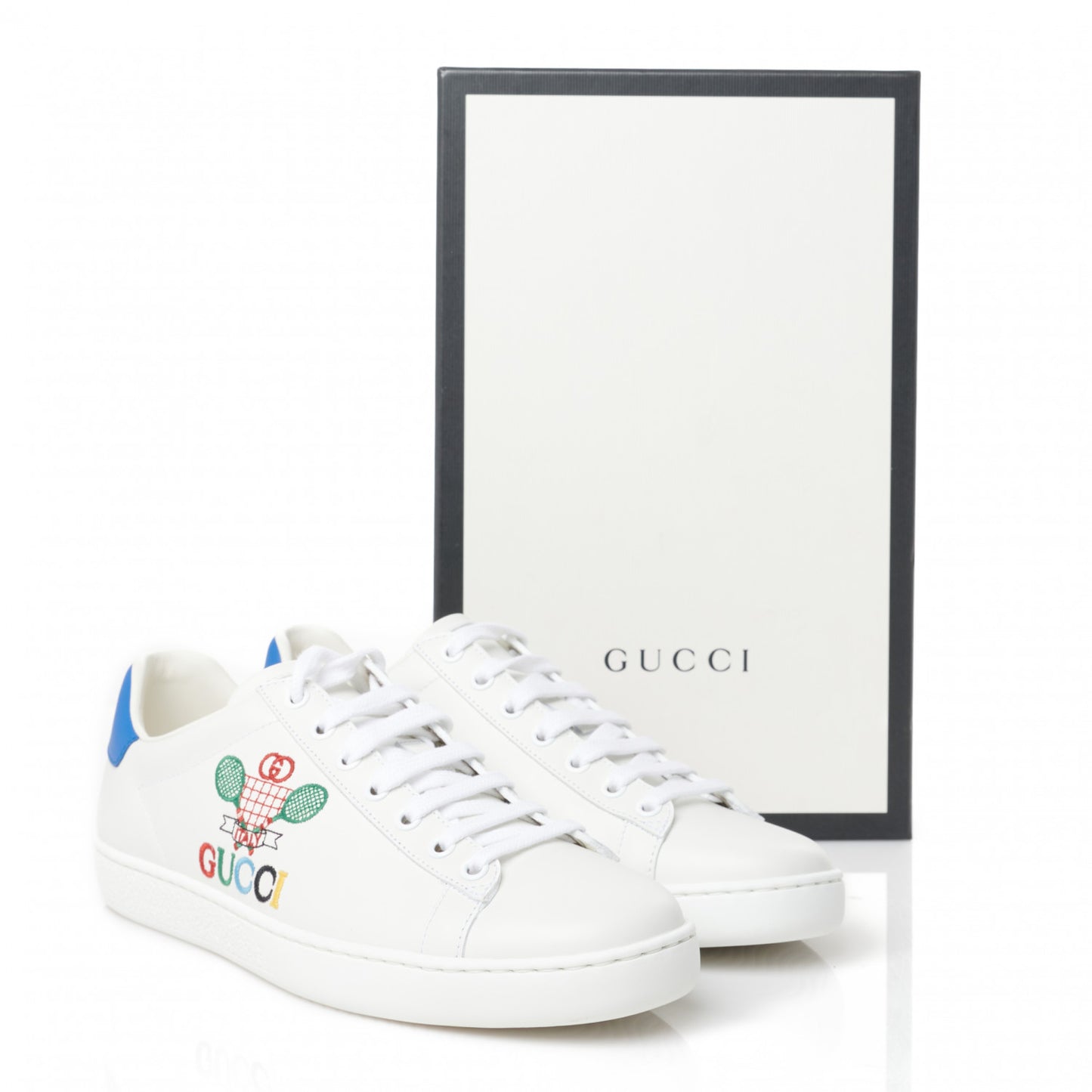 Calfskin Miro Soft Tennis Embroidered Womens Ace Sneakers 38.5 White Rio Blue
