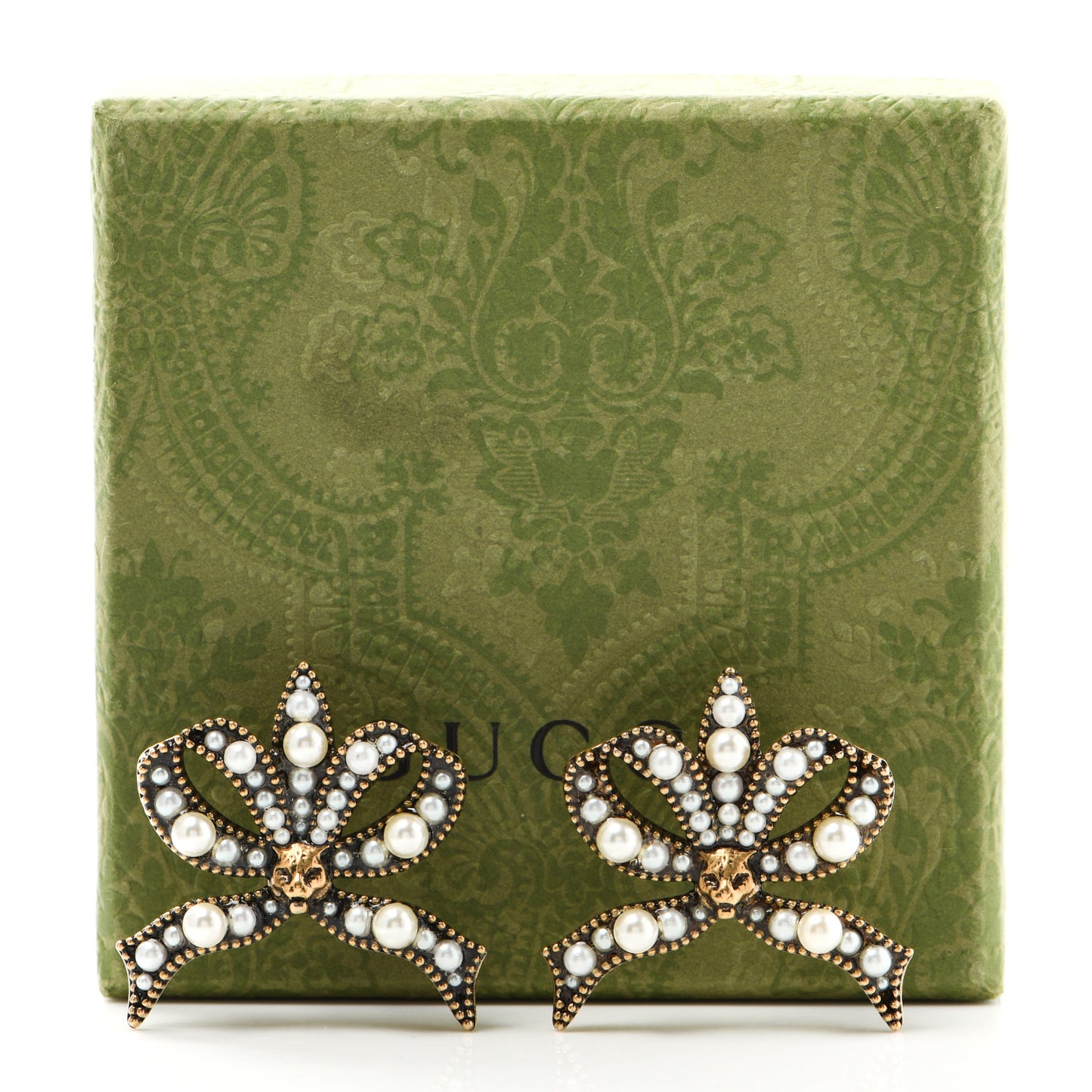 Metal Crystal Resin Pearl Feline Bow Earrings Aged Gold